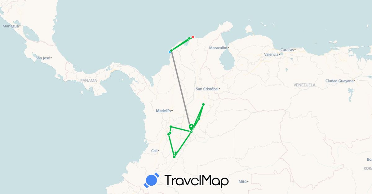 TravelMap itinerary: driving, bus, plane, hiking, boat in Colombia (South America)